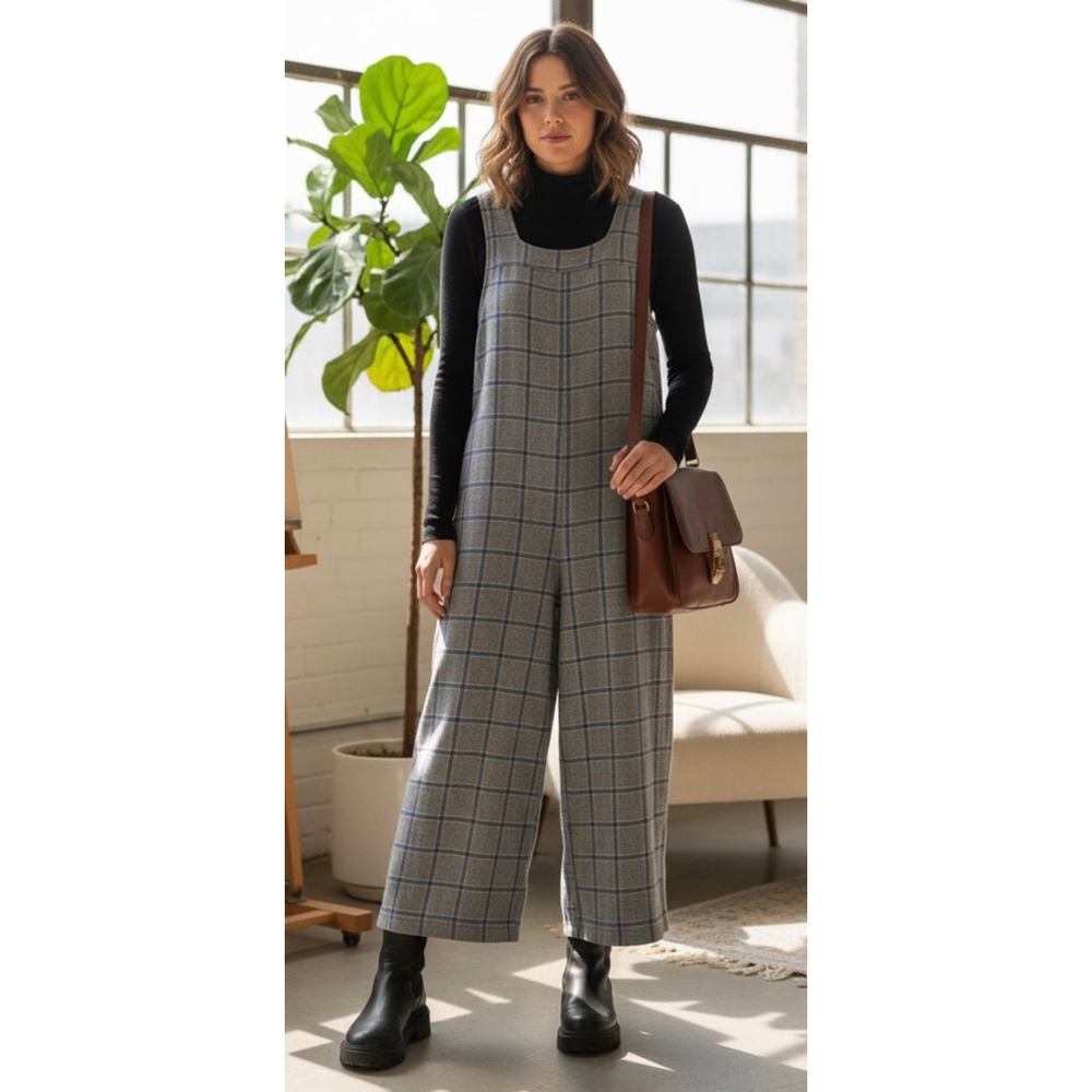 ASOS Flannel Cotton Plaid Square Neck Sleeveless Wide Leg Jumpsuit Size 6